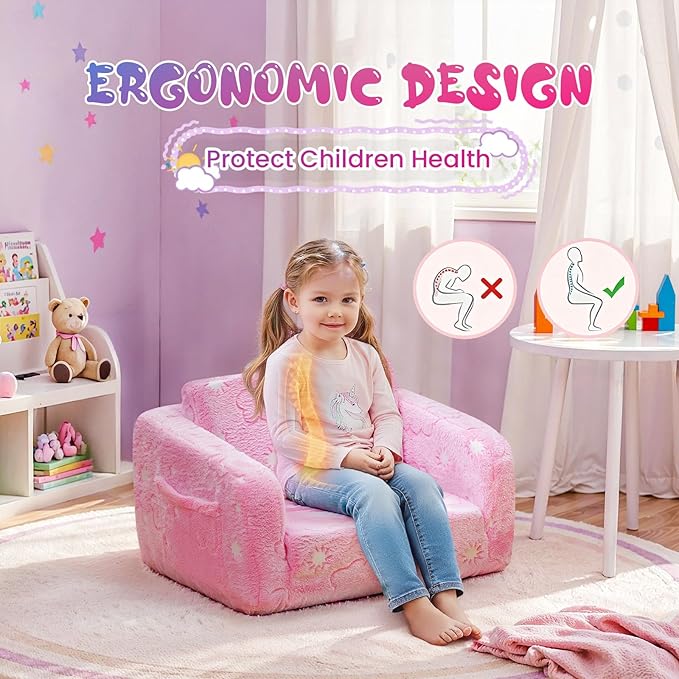 Lamerge 2-in-1 Soft Toddler Couch Fold Out,Foldable Toddler Chair, Glow in The Dark Kids Sofa for playroom,Convertible Foam and Floor Cushion for Boys and Girls (Pink and Clouds)