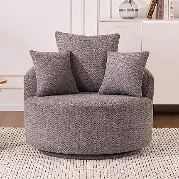 Yoglad 38.58'' Swivel Round Chair, Comfy Boucle 360° Accent Chair with Thick Cushion, Oversized Modern Single Sofa with 3 Pillows, Soft Armchair for Nursery, Living Room, Bedroom, Office (Grey)