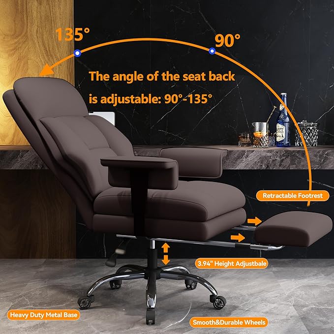 WXJHL Office Chair with Leg Rest, Leather High Back Executive Office Chair with Wheels, Ergonomic Desk Chairs with Lumbar Support for Home Office, Brown