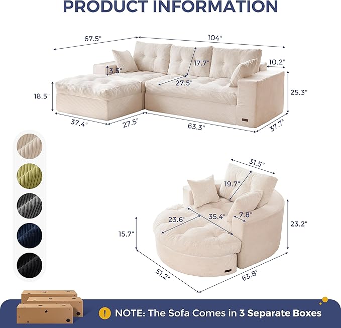 MAXYOYO L Shape Sectional Sofa Couch and Round Chaise Lounge, Modern Cloud Couch with Ottoman, Comfy Sofa with Layered Cushion, Tufted Upholstered Sleeper Chair for Living Room, No Assembly Required