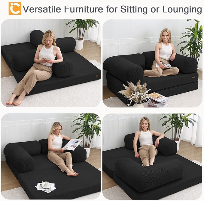 COMAX Futon Sofa Bed, 4-in-1 Floor Foldable Sofa Couch Bed with L-Shaped Armrests, Convertible Folding Chair Bed Sleeper Mattress Fold Out Lounge for Living Room Bedroom, Black