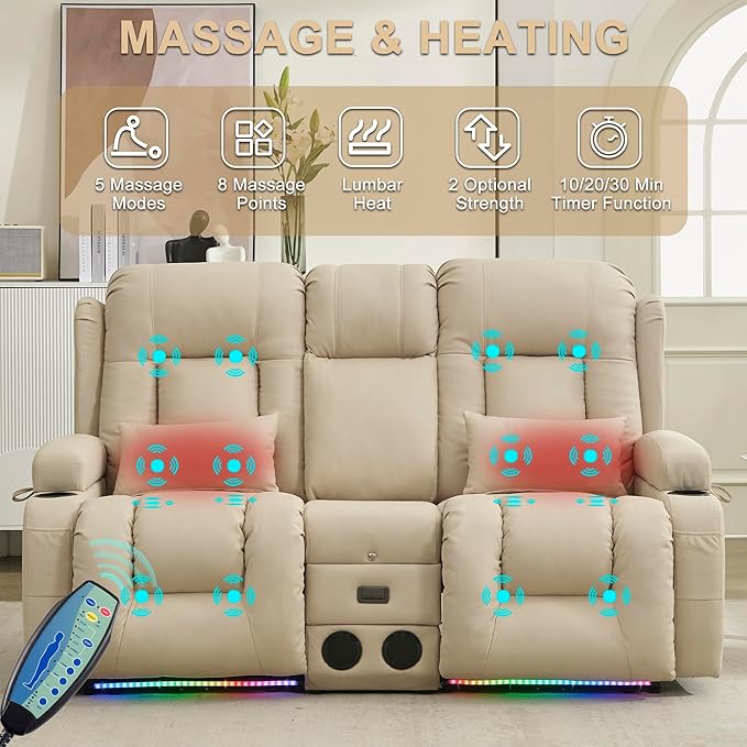 URRED Loveseat Recliner Sofa with Massage and Heat, Power Reclining Loveseat Sofa RV Couch with Console, Home Theater Seating with LED Lights, Bluetooth Speakers, USB, Outlets, Leathaire Beige