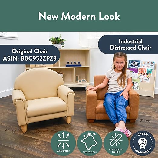 Children's Factory As We Grow Modern Chair, Flexible Seating for Classroom Elementary, Adjustible Playroom Furniture, Faux Distressed Leather Brown
