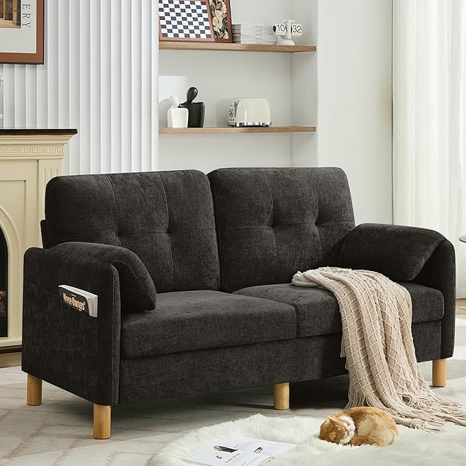 WUTUTUEE 65" Chenille Loveseat Sofa, Modern 2-Seater Love Seat Couch with Armrest Pillows, Storage Pockets, Easy Assembly, Upholstered Tufted Loveseat Couches for Living Room Bedroom, Dark Grey