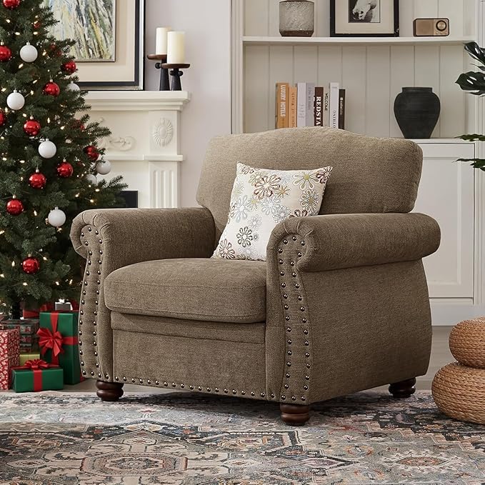 ONBRILL Nailhead Trim Armchair, Rolled Arm Accent Chair for Living Room, Comfy Chenille Club Sofa Chair w/Springs Cushions & Wood Legs, Traditional Single Couch Chair for Apartment, Farmhouse, Brown