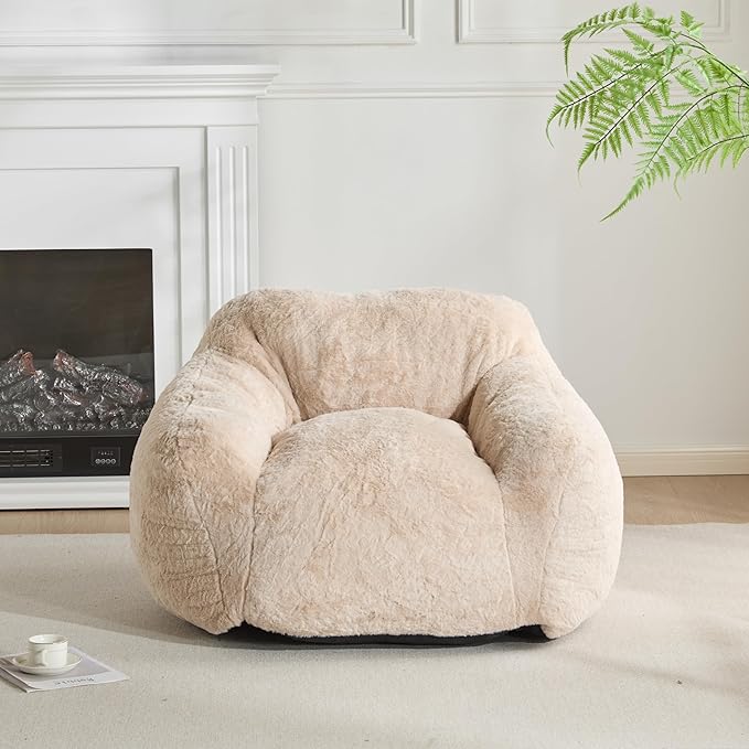 Indoor Bean Bag Chair,Plush Faux Fur Armchair,Ergonomic Back Support, Shredded Foam Fill, Compact Lounge Chair Space-Saving Ergonomic Seating for Living Room Bedroom Office,Beige