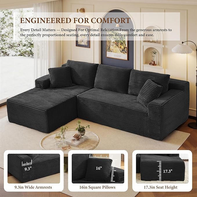 105" Sectional Couches for Living Room Cloud Couch Sofa with L-Shape Upholstered Boneless Couchs Modern Modular Sectional Couch with Chaise (Black, 105" W+Left Facing Chaise+2Seaters)