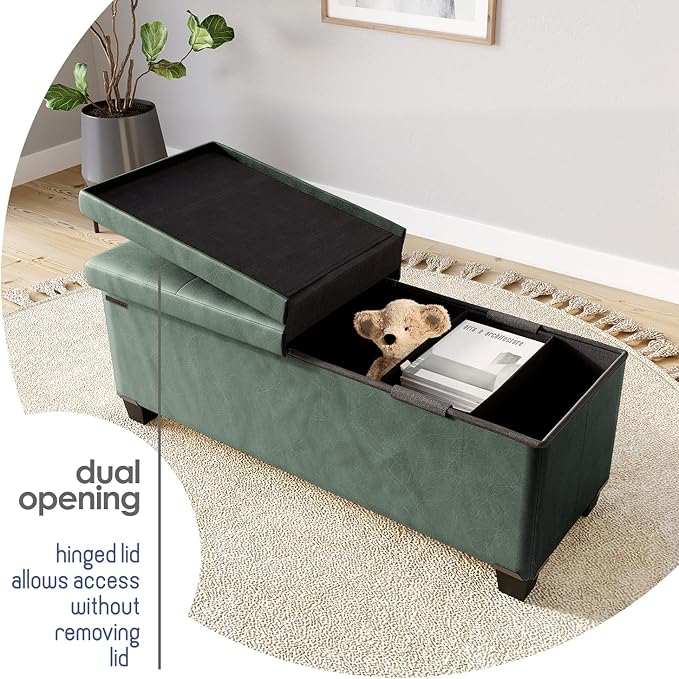 Storage Ottoman Bench with Bins, 43-in Storage Bench for Bedroom End of Bed, Folding Foot Rest Ottoman for Living Room Max 660lbs, Faux Leather Ottomans, Green