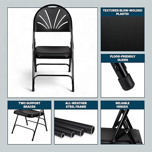 OEF Furnishings OEF1100 Series Premium Heavy-Duty Plastic Folding Chairs, Commercial Fanback Event Chairs with Triple Brace and 500 lb Capacity (4-Pack, Black Plastic with Black Frame)