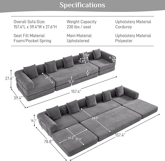 DAMAIFROM 157" Convertible Sleeper Sofa Bed Set with Pillow, 4-in-1 Corduroy Folding Mattress Boneless Couch with Fixed-Shape Frame, Fold Out Floor Sofa Cama Lounge Couch for Living Room, Grey
