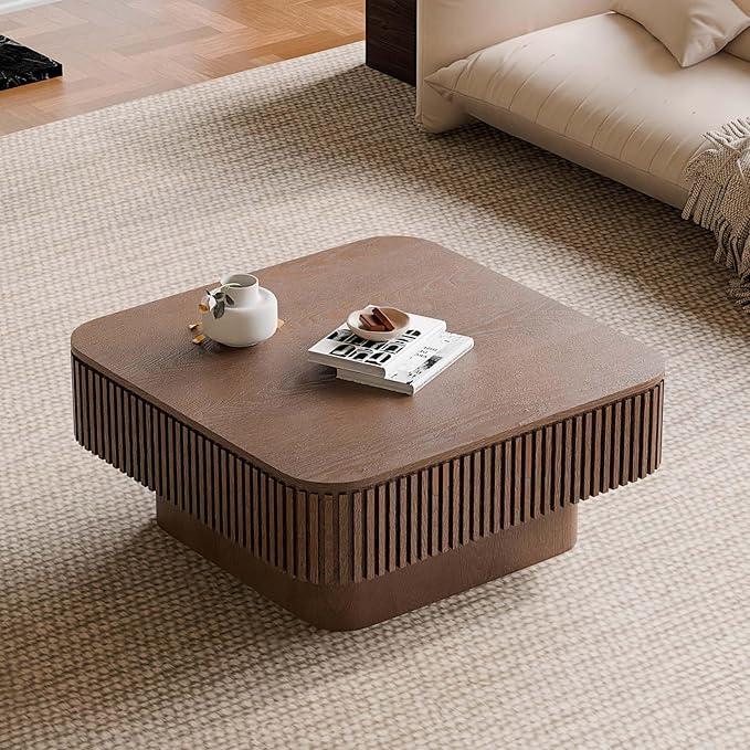 FGXJY Square Small Coffee Table with Storage, Modern Wooden Coffee Table with Solid Wood Veneered, Fluted Center Table Drum Tea Table for Living Room Apartment, 31.5''L×31.5''W×14''H