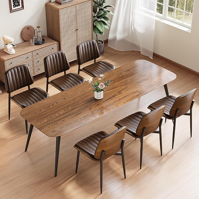 YaFiti Dining Chairs Set of 6, Mid Century Modern Dining Room Kitchen Chairs, Upholstered PU Leather Vertical Stripe Chairs for Vanity with Walnut Bentwood and Metal Legs, Brown
