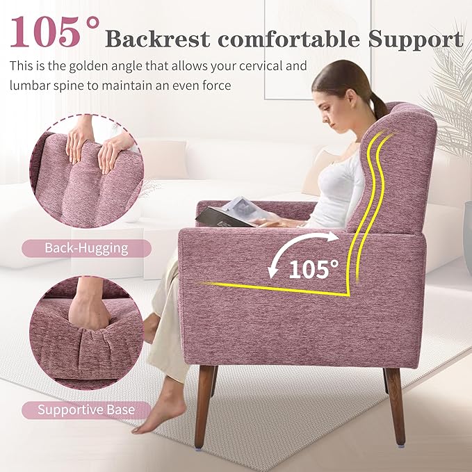 QKFF Accent Chair Set of 2, Upholstered Armchair with Pillow, Fabric Single Sofa Chair with Lounge Seat and Wood Legs Accent Chair for Living Room Small Spaces (Purple, Set of 2)