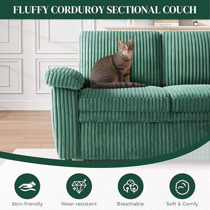 Modular Sectional Sleeper Sofa with Pull Out Bed, Storage Chaise & USB Charging, U Shaped Plush Corduroy Sectional Couches for Living Room, Comfy Convertible 7 Seat Cloud Sofa Bed Emerald Green