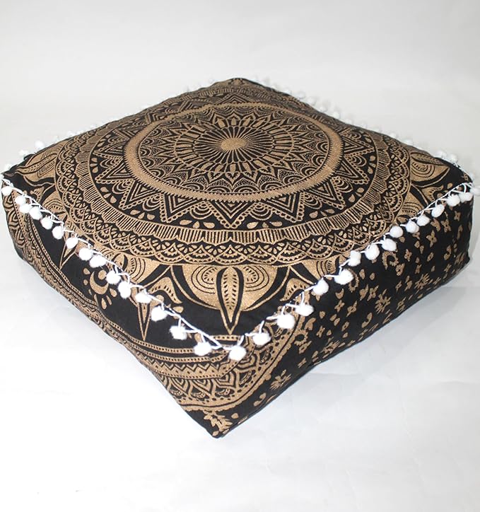 CRAFT KALA 18" Square Large Hippie Mandala Meditation Floor Ottoman Pillow Cushion Pouf Cover Square Poufs Bohemian Circle Floor Cushion Case Outdoor Fireplace Yoga Living Room Decor Cover Black Gold