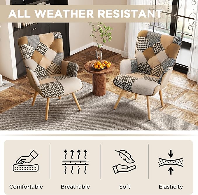 Accent Chair, Living Room Chair, Modern High Back Armchair, Colorful Patchwork Reading Chairs for Bedroom, Lounge Chair with Linen Fabric Shell and Solid Wood Feets (2, Gray)