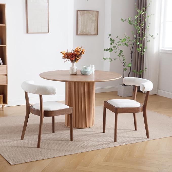 Kmax Dining Room Chairs Mid-Century Modern Fabric Kitchen Chairs with Natural Walnut Finished Frame, Linen Curved Back, Set of 2, White