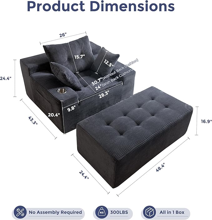 MAXYOYO Oversized Chaise Lounge Sofa, Upholstered Lounge Chair with Tufted Craft, Boneless Sofa Couch with Ottoman, Deep Seat Sleeper Chair, No Assembly, Grey