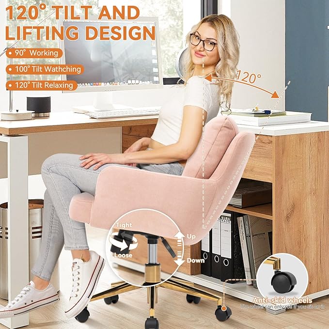 BALIAA Flannel Office Chair, Comfy Home Office Desk Chairs with Lumbar Support, Modern Velvet Desk Chair Gold Legs Small Swivel Task Chair for Home Office, Bedroom, Study (Pink, L)