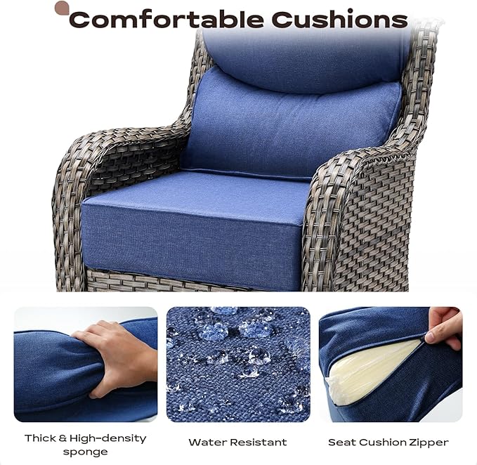 Rilyson Outdoor Swivel Rocker Chairs - All Weather Resistant Wicker Patio Furniture Set of 2 with High Back and 6 inch Thick Cushions for Deck Porch Yard and Poolside, Mixed Grey/Blue