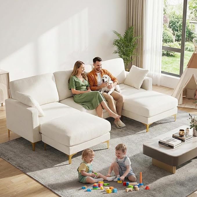 VINGLI 100" W U Shaped Couch with Ottoman, 22" Deep Seat Comfortable Sectional Couches for Living Room, 3 Seater Chenille Fabric Cloud Sofa for Apartment, Small Spaces, Bedroom, Beige
