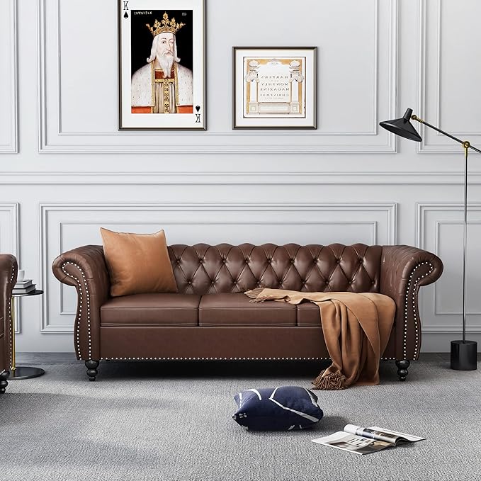QHITTY Accent Large Sofa, Chesterfield Couch 3 Seater Modern Leather Couch Upholstered Sofa with Tufted Back for Living Room Furniture (Dark Brown)