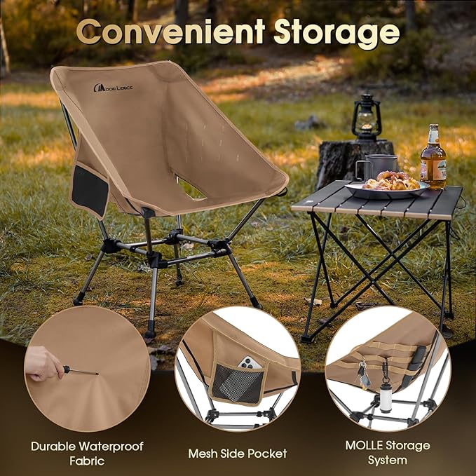 MOON LENCE Portable Camping Chair Plus, Upgraded Comfort & Size, Compact and Lightweight Still, Folding Chair for Backpacking & Hiking, 330Lbs Capacity (Khaki)