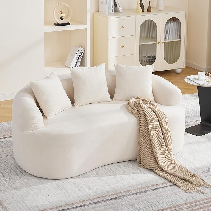 Abbrevi 65" Curved Loveseat Sofa, Deep Seat Love Seat Couches with 3 Throw Pillows, Modern 2 Seater Boneless Curved Couch, Compressed Floor Sofa for Living Room Small Spaces, No Assembly, Beige