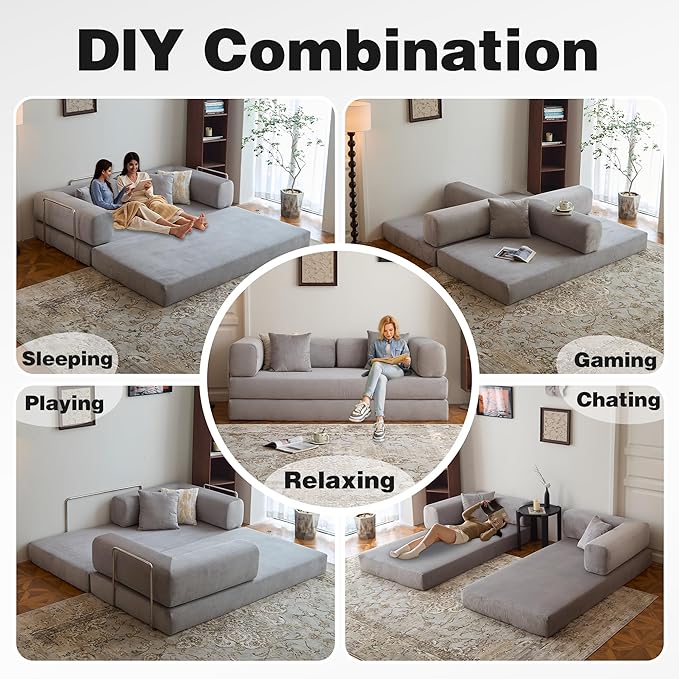 LIAROO 98.4" Convertible Sofa Bed - Compression Sofa with Corduroy Fabric - with Armrests and Backrest - Modular Sectional for Living Room, Bedroom, Studio - Compression Sofa in Box (Grey)