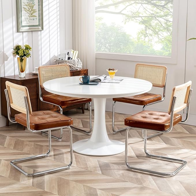 Zesthouse Natural Rattan Dining Chairs Set of 2, Modern Dining Room Chairs with Solid Wood Back for Kitchen Living Room, Mid Century Breuer Design Inspired, Upholstered Faux Leather Brown