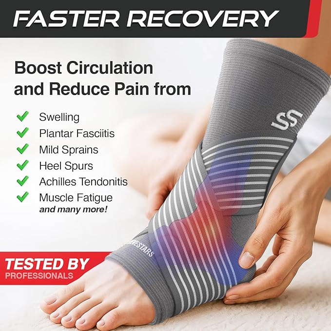 Sleeve Stars Ankle Brace for Women & Men, Ankle Wrap for Sprain, Compression Sleeve for Plantar Fasciitis Relief, Easy Customizable Support: w/ Removable Strap (Single/M:10"-12"/Grey)