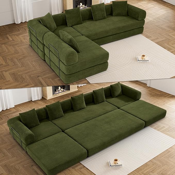 DAMAIFROM 157" Convertible Sleeper Sofa Bed Set with Pillow, 4-in-1 Corduroy Folding Mattress Boneless Couch with Fixed-Shape Frame, Fold Out Floor Sofa Cama Lounge Couch for Living Room, Olive Green