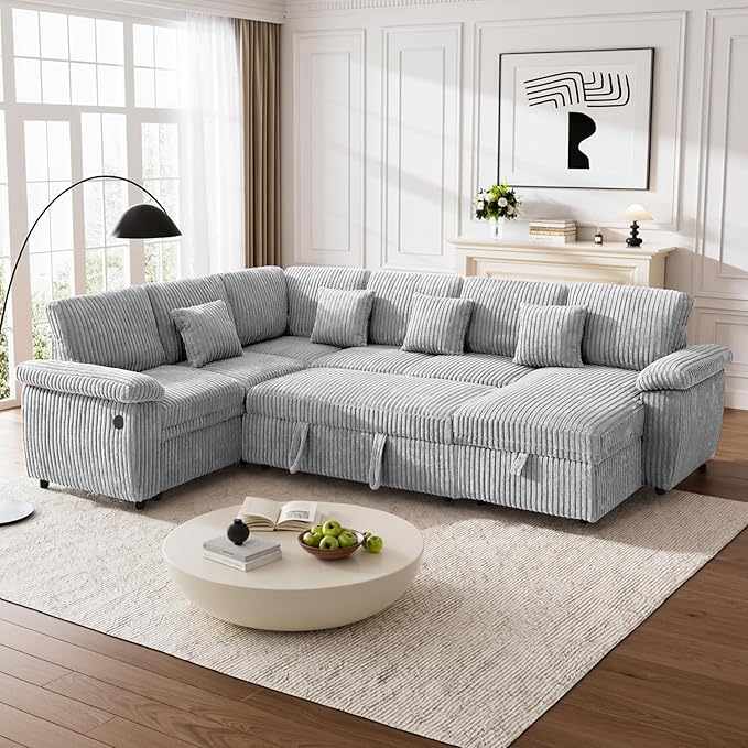 Modular Sectional Sleeper Sofa with Pull Out Bed, Storage Chaise & USB Charging, U Shaped Plush Corduroy Sectional Couches for Living Room, Comfy Convertible 7 Seat Cloud Sofa Bed, Light Grey