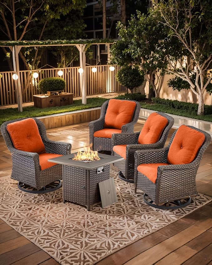 ACTREST Outdoor Patio Swivel Gliders with Fire Pit Table 5 Piece Set - High Back Brown Wicker Rattan Rocking Chair with Thick Cushion for Porch Apartment Deck Yard Poolside Garden - Orange