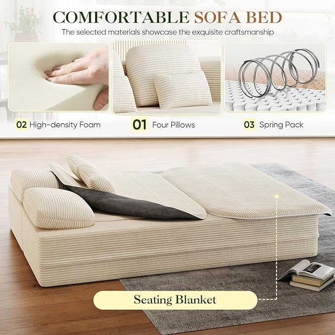 Antetek Convertible Sleeper Sofa, Modern Folding Futon Corduroy Floor Foam Compression Loveseat Sofa Bed Couch, Foldable Full Size Guest Bed with 4 Pillows for Living Room Bedroom Apartment, Beige