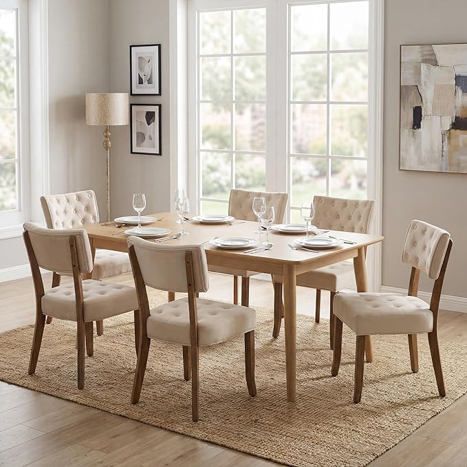 UVV Upholstered Dining Chairs Set of 6, Mid Century Modern Tufted Kitchen Chairs Dining Room Chairs, Velvet Dinner Chair with Wood Legs for Dining Room Kitchen, Beige
