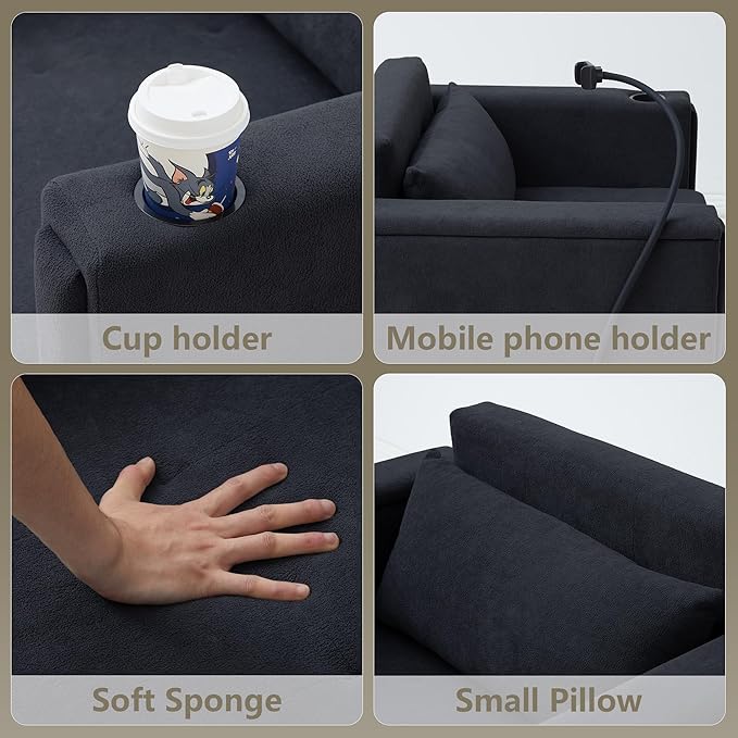 ORRD Pull Out Sofa Chair Bed, 2-in-1 Multi-Functional Sleeper Couch Small Loveseat Bed with Hidden Side Table, Phone Holder and Cup Holder for Living Room, Small Space, Apartment (Black)