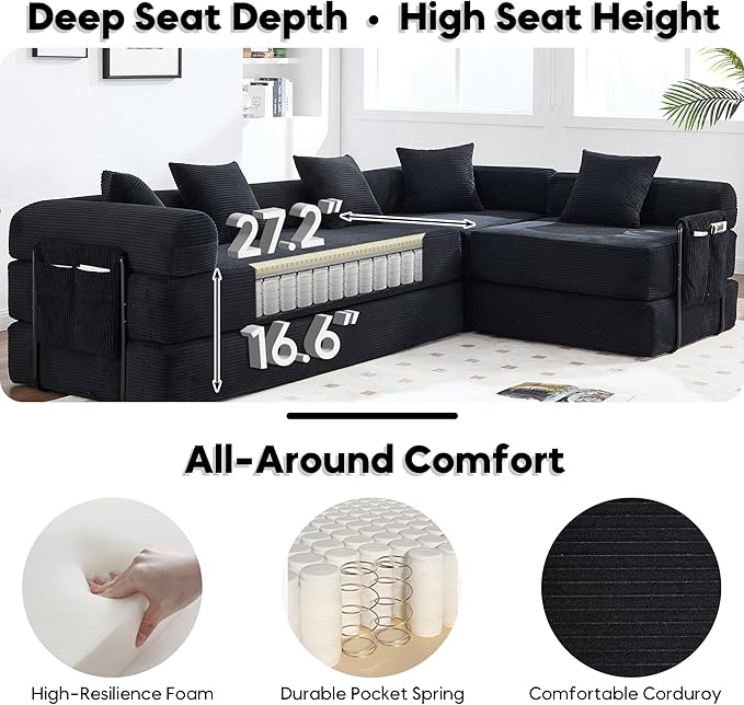 L Shape Convertible Sofa Bed with Cylindrical Pillow and Storage Pocket, Convertible Sofa Couch Bed with Support Frame for Living Room Bedroom Children Room-Black