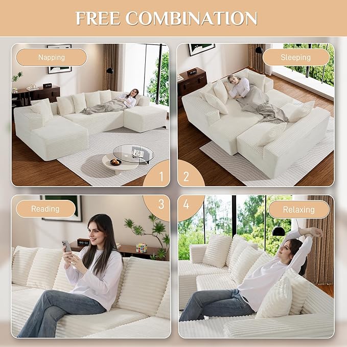 Modular Sectional Sofa, 130" U Shaped Cloud Couch Plush Corduroy Comfy Deep Seat Boneless Sofas with 8 Pillows Double Chaise Lounge Sectional Couches with Memory Foam for Living Room - Beige White