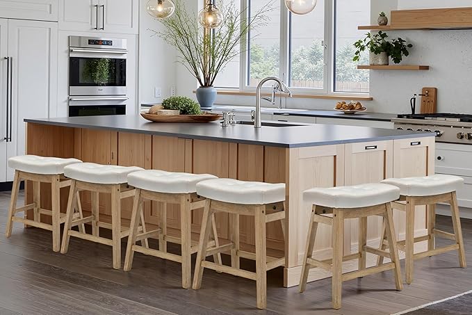 RNKSFX White Bar Stool for Kitchen Counter Island Counter Height Farmhouse Modern Barstool with Faux Leather Upholstered Backless Seat and Solid Wood Legs 24 inch Bar Chair