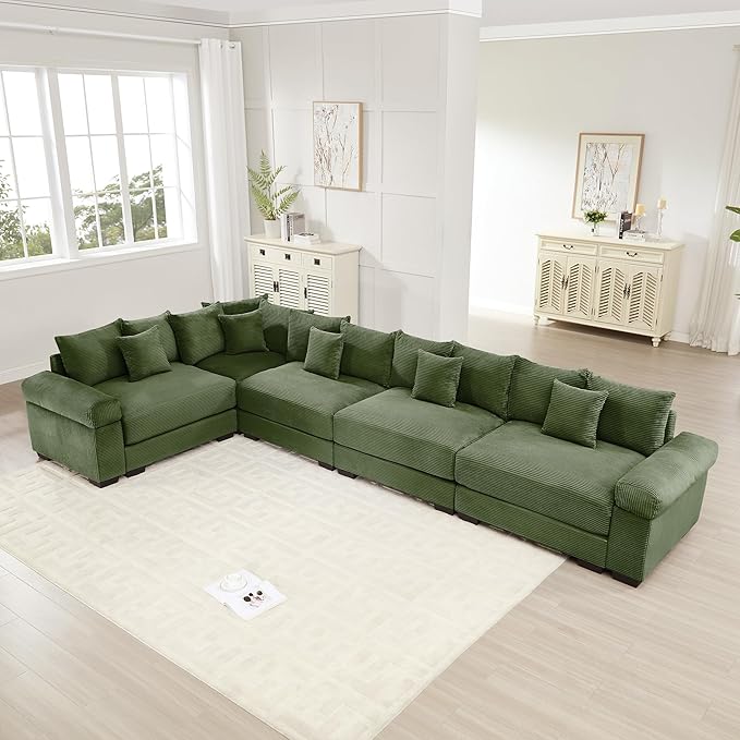 KEIKI 146" L-Shaped Oversized Corduroy Modular Cloud Sectional Sofa with High-Density Foam Cushion, Extra-Thick Armrest, Convertible 5-Seater Fluffy Corner Couch with 18 Pillow, for Living Room, Green