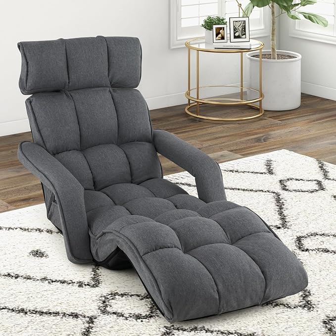 KOMFOTT Foldable Floor Lazy Sofa, Indoor Chaise Lounge Sofa with 6 Adjustable Positions, Folding Chair Bed with Adjustable Armrests, Backrest & Footrest, Ideal for Living Room, Bedroom (Dark Grey)