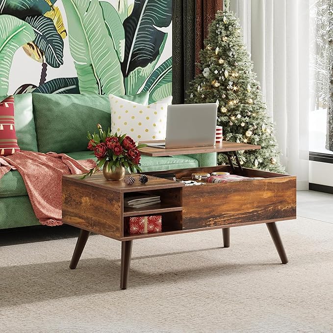 WLIVE Lift Top Coffee Table for Living Room,Small Coffee Table with Storage, Adjustable Shelf and Storage Compartment, Mid Century Modern Living Room Table, Wood, Rustic Brown