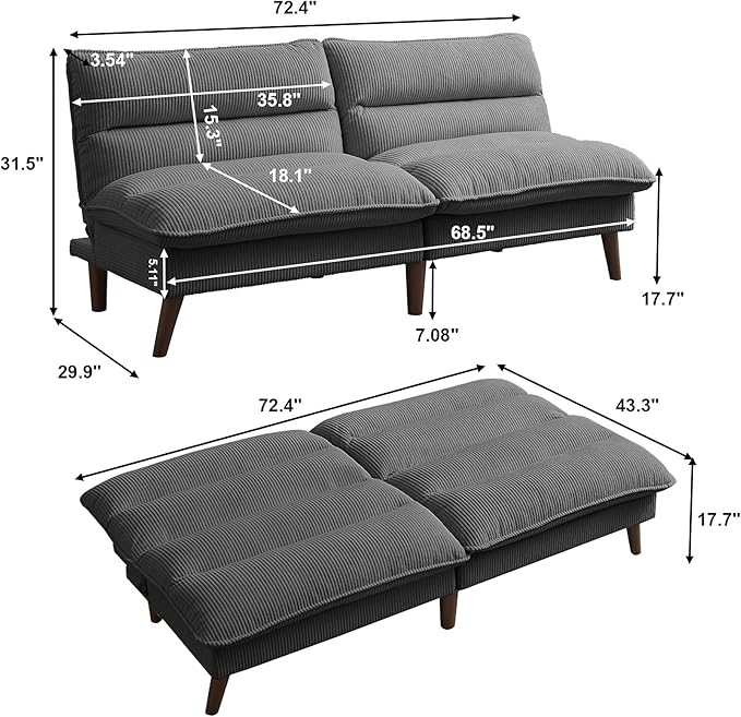 Convertible Futon Sofa Bed, 72" Futon Couch with Adjustable Back, Upholstered Sleeper Sofa Bed for Living Room, Apartment, Small Space, Dark Grey
