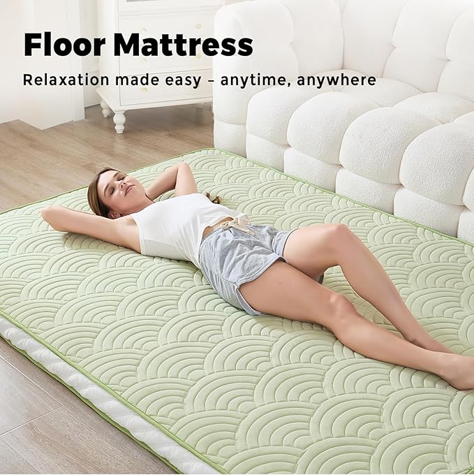 Zelladorra Japanese Floor Mattress, Quilted Futon Mattress with Anti-Slip Bottom, Foldable Floor Bed with Storage Bag and Straps, (Green, Full)