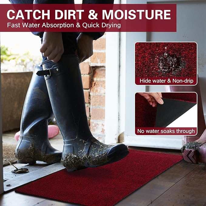 Indoor Ultra Thin Doormat, Low Profile Inside Doormats, 30" x 17" Absorbent Strong Dirt Trapper Door Mat, Non Slip Rubber Backing Welcome Mat for Patio, Porch,Outdoor Entrance,Christmas Party