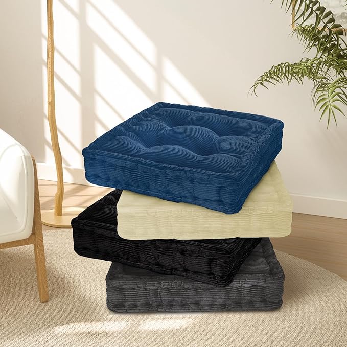 Wellsin Square Floor Pillows for Adults Kids - Meditation Floor Pillow Seating Cushion - Tufted Floor Cushion with Shredded Foam & Velvet Cover, 1 Pack, 20x20 Inch, Black