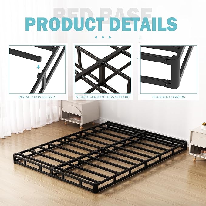 Upcanso King Box Spring Bed Base 4 inch, Low Profile Metal Box Spring King with Fabric Cover, 3000 Lbs Max Weight Capacity Mattress Foundation, Noise-Free, Easy Assembly