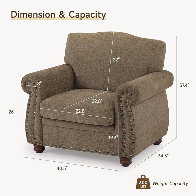 ONBRILL Nailhead Trim Armchair, Rolled Arm Accent Chair for Living Room, Comfy Chenille Club Sofa Chair w/Springs Cushions & Wood Legs, Traditional Single Couch Chair for Apartment, Farmhouse, Brown