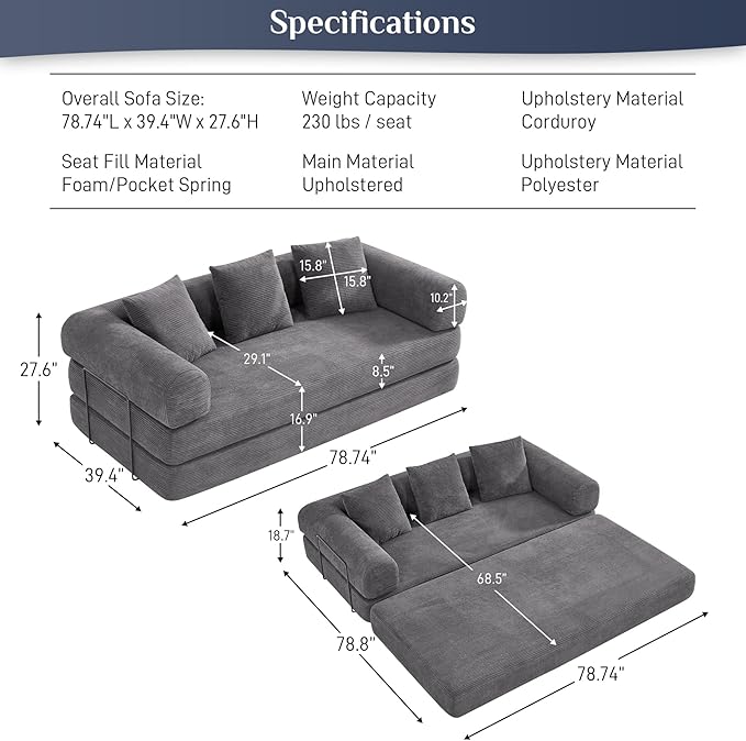 DAMAIFROM Convertible Sleeper Sofa Bed with Pillow, 4-in-1 Corduroy Folding Mattress Couch with Fixed-Shape Frame, Futon Fold Out Floor Sofa Cama Lounge Couch for Living Room Bedroom Studio, Grey
